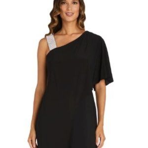 R & M RICHARDS Asymmetric Jumpsuit with Overlay and Rhinestone Shoulder Strap